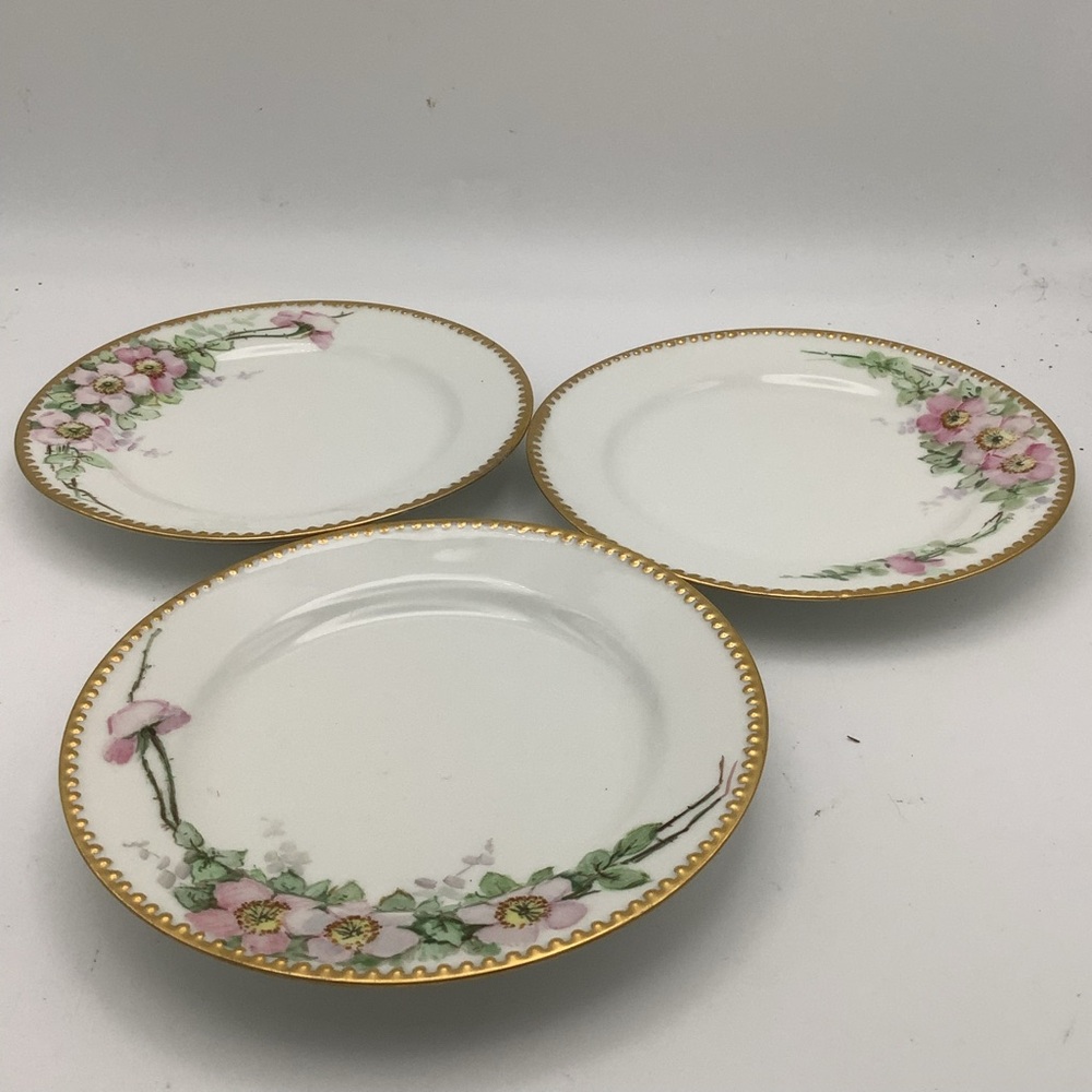 Three Antique Jean Pouyat Limoges France Plates with Hand-painted Floral Design